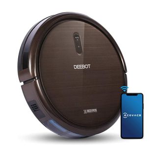 Brown Ecovacs Deebot vacuum cleaner with smart phone