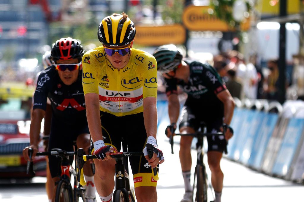 ANDORRELAVIEILLE ANDORRA JULY 11 Tadej Pogaar of Slovenia and UAETeam Emirates yellow leader jersey at arrival during the 108th Tour de France 2021 Stage 15 a 1913km stage from Cret to AndorrelaVieille LeTour TDF2021 on July 11 2021 in AndorrelaVieille Andorra Photo by Chris GraythenGetty Images