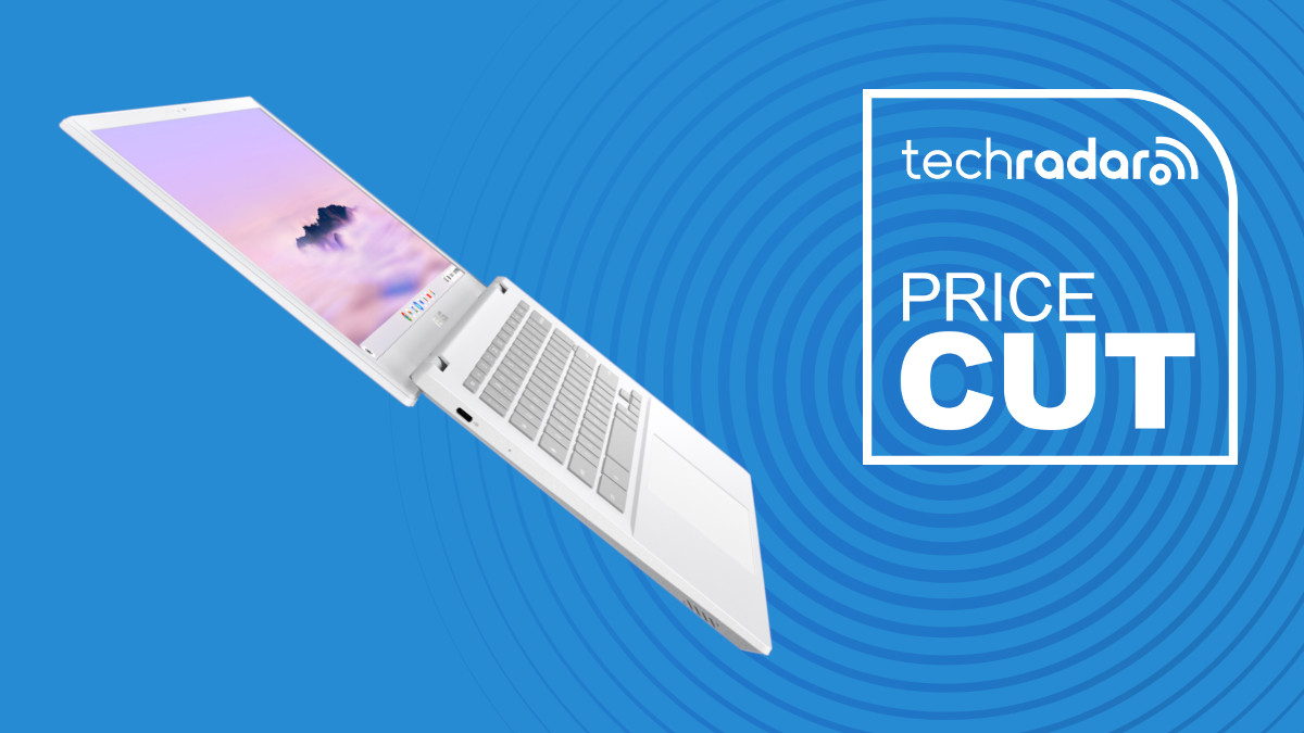 The Asus Chromebook Plus CX34 on a blue background with the text 'PRICE CUT'.