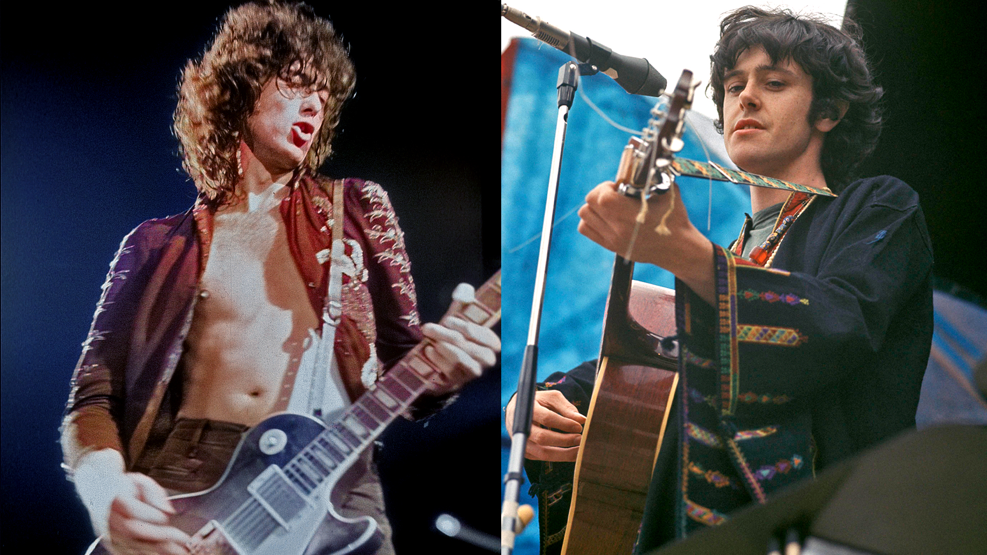 LEFT: LED ZEPPELIN - Jimmy Page- performs in California in 1977 RIGHT: Scottish singer and musician Donovan performs live on stage at the Seventh National Jazz and Blues Festival at Windsor racecourse in Berkshire on 13th August 1967. 