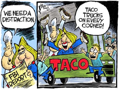 Political cartoon U.S. 2016 election Hillary Clinton taco truck distraction