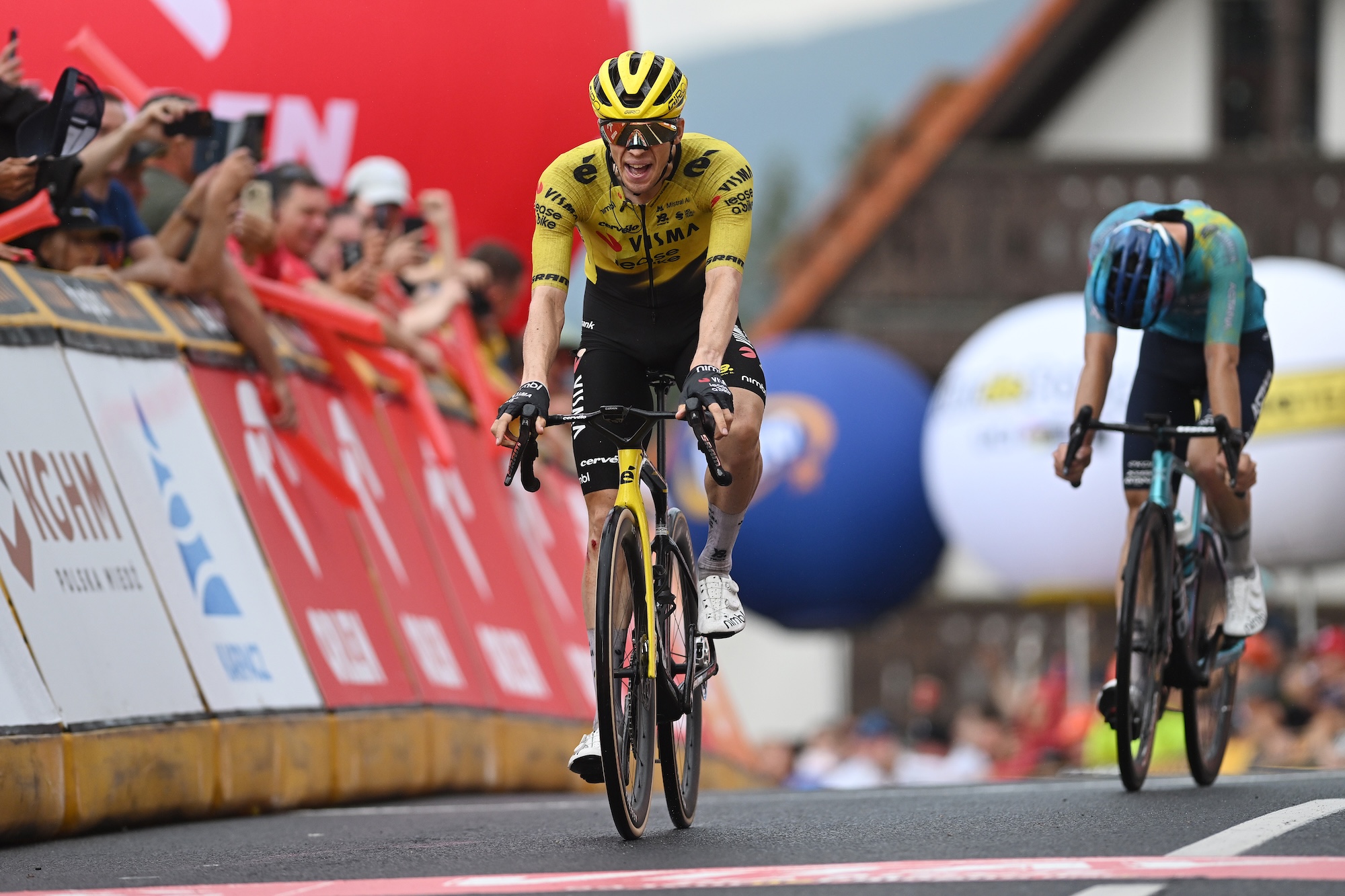 Bart Lemmen of Visma-Lease a Bike celebrates at finish line as stage 4 winner
