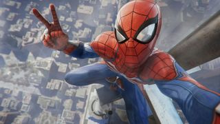 Spider-Man sits atop a skyscraper posing for the camera. He holds the camera in his left hand, and makes a peace sign with his right, in a selfie style