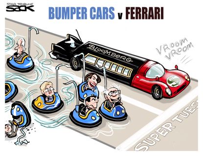 Political Cartoon U.S. Ford v Ferrari Bernie Sanders Michael Bloomberg democratic primaries bumper cars race limo