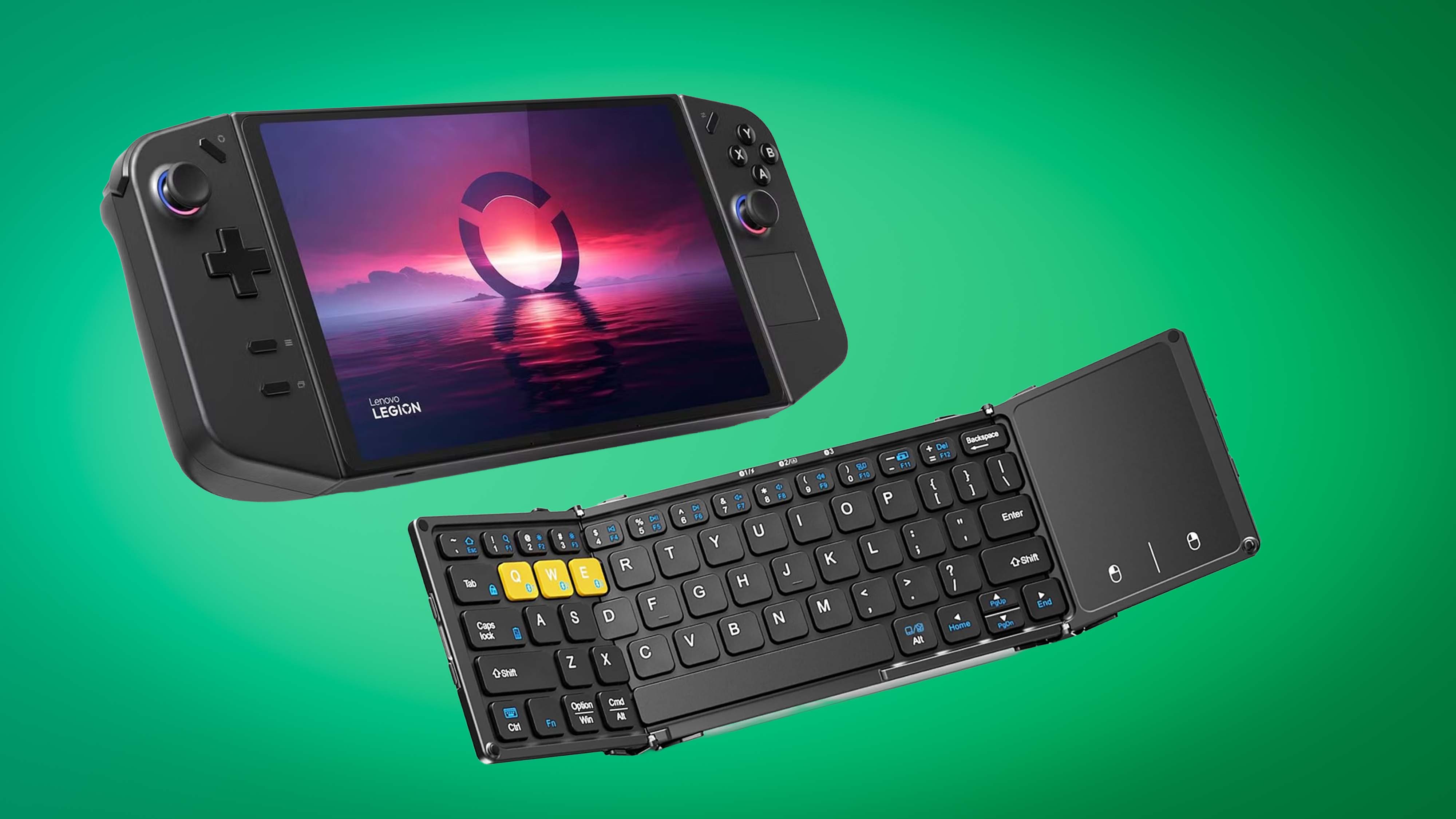 Lenovo Legion Go with a Artciety Foldable Wireless Keyboard in front of it.