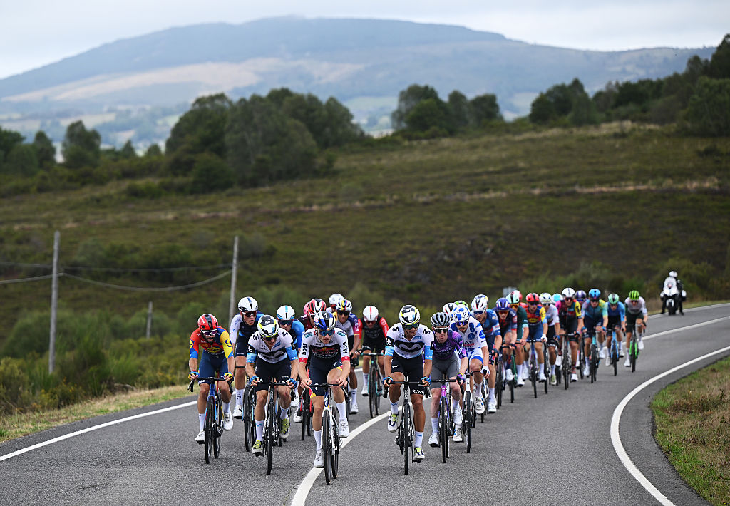 MONFORTE DE LEMOS, SPAIN - SEPTEMBER 07: (L-R) Julien Bernard of France and Team Lidl - Trek, Carlos Canal of Spain and Team Movistar, Finn Fisher-Black of New Zealand and Team Red Bull - BORA - hansgrohe and Carlos Canal of Spain and Team Movistar lead the breakaway during the La Vuelta - 80th Tour of Spain 2025, Stage 15 a 167.8km stage from A Veiga-Vegadeo to Monforte de Lemos / #UCIWT / on September 07, 2025 in Monforte de Lemos, Spain. (Photo by Dario Belingheri/Getty Images)