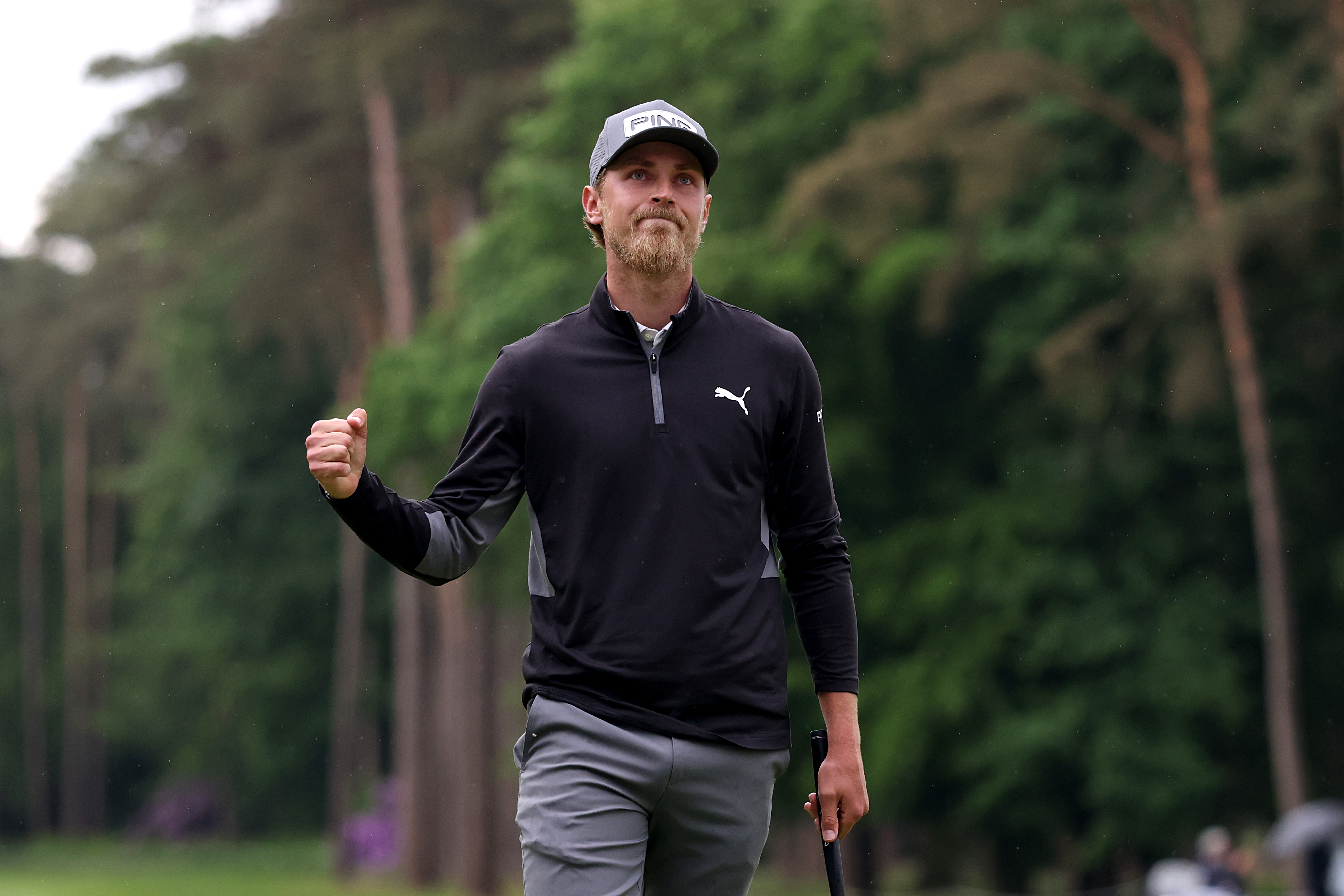 Kristoffer Reitan gives a fist pump after holing the winning putt at the 2025 Soudal Open
