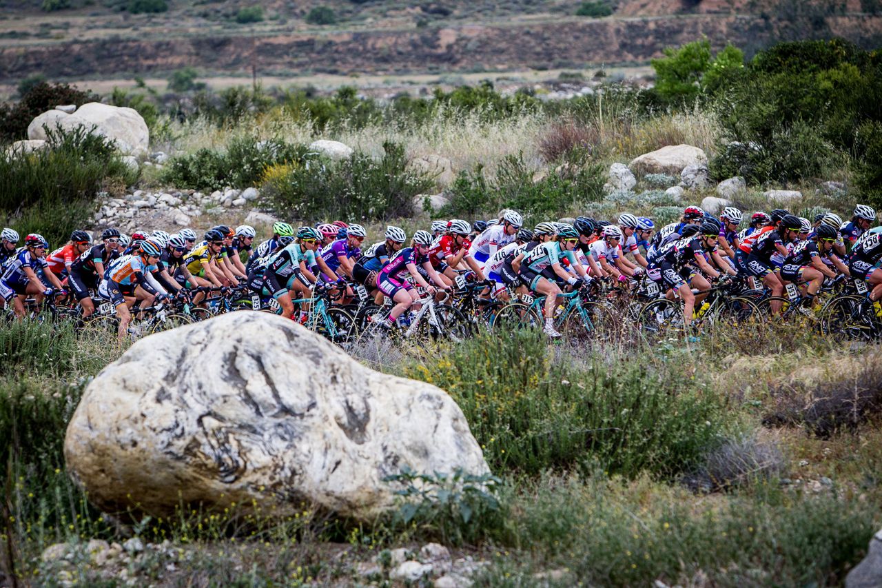 The womens peloton on the way to the Oak Glen climb in Redlands.