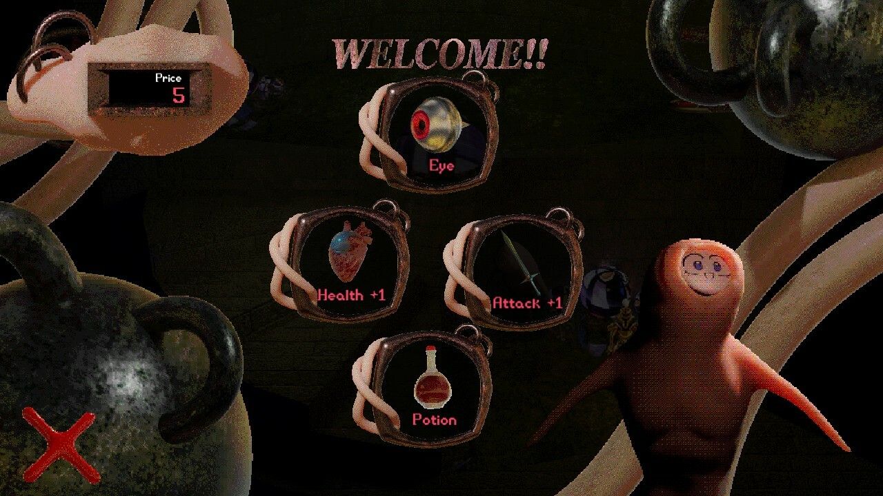 Dreamwild shop screen with upgrades for sale and fleshy kawaii creature in lower left corner