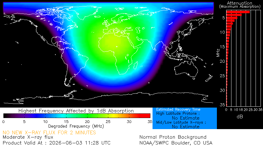 map showing strong radio blackouts on the sunlit portion of Earth at the time of the eruption.