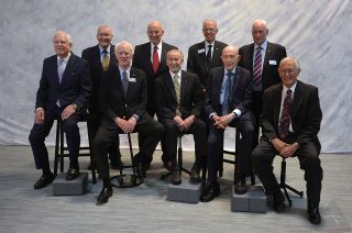 Joining Thomas Stafford (third from right) at the Stafford Air and Space Museum's Apollo 10 50th Anniversary gala on Saturday, May 18, 2019, were astronauts (left to right): David Scott, Fred Haise, Rusty Schweickart, Jack Lousma, Walt Cunningham, Joe Engle, Al Worden and Charlie Duke.