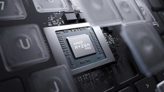 AMD Ryzen Pro chip surrounded by keyboard