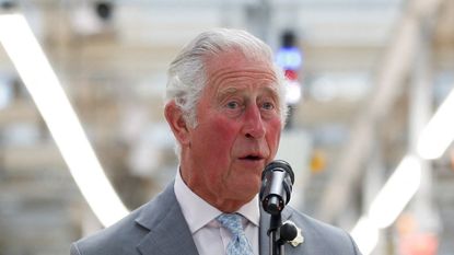 Britain's Prince Charles, Prince of Wales, makes a speech on th production line to employees during his visit to the MINI plant in Oxford on June 8, 2021. (Photo by PETER NICHOLLS / POOL / AFP) (Photo by PETER NICHOLLS/POOL/AFP via Getty Images)