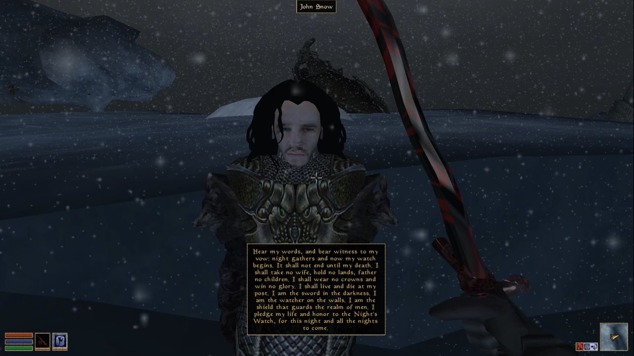 a Jon Snow NPC parroting a major speech from the GoT show