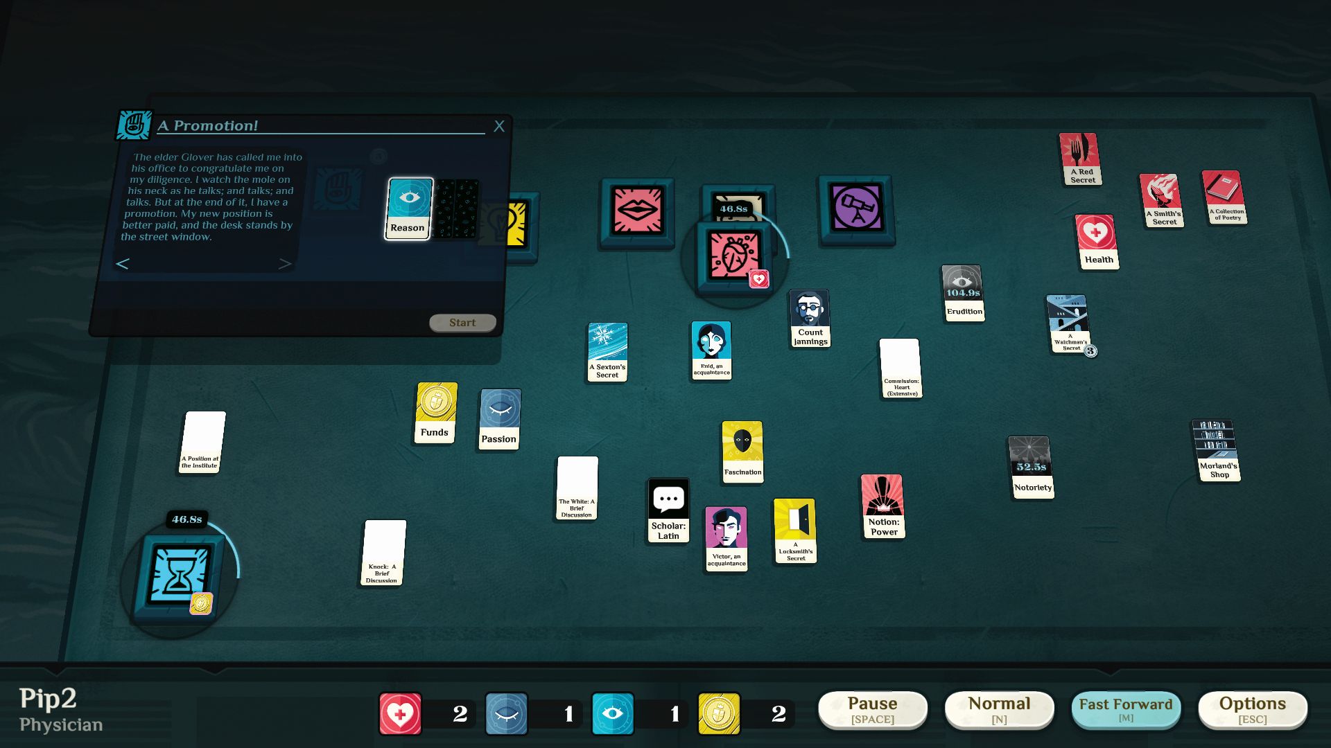 A bewildering variety of cards in Cultist Simulator
