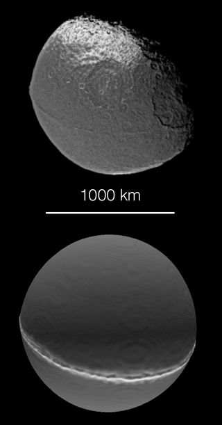 Saturn's large moon Iapetus as observed by the Cassini spacecraft (top), compared to a simulated moon formed by the head-on collision and merging of two bodies, each half the size of Iapetus.