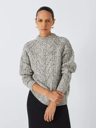 John Lewis Wool Blend Cable Knit Jumper, Ecru Twist