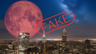 The Blood Moon eclipses looms a little too large over a city skyline, a clear sign this image is a fake!