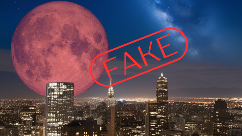 The Blood Moon eclipses looms a little too large over a city skyline, a clear sign this image is a fake!