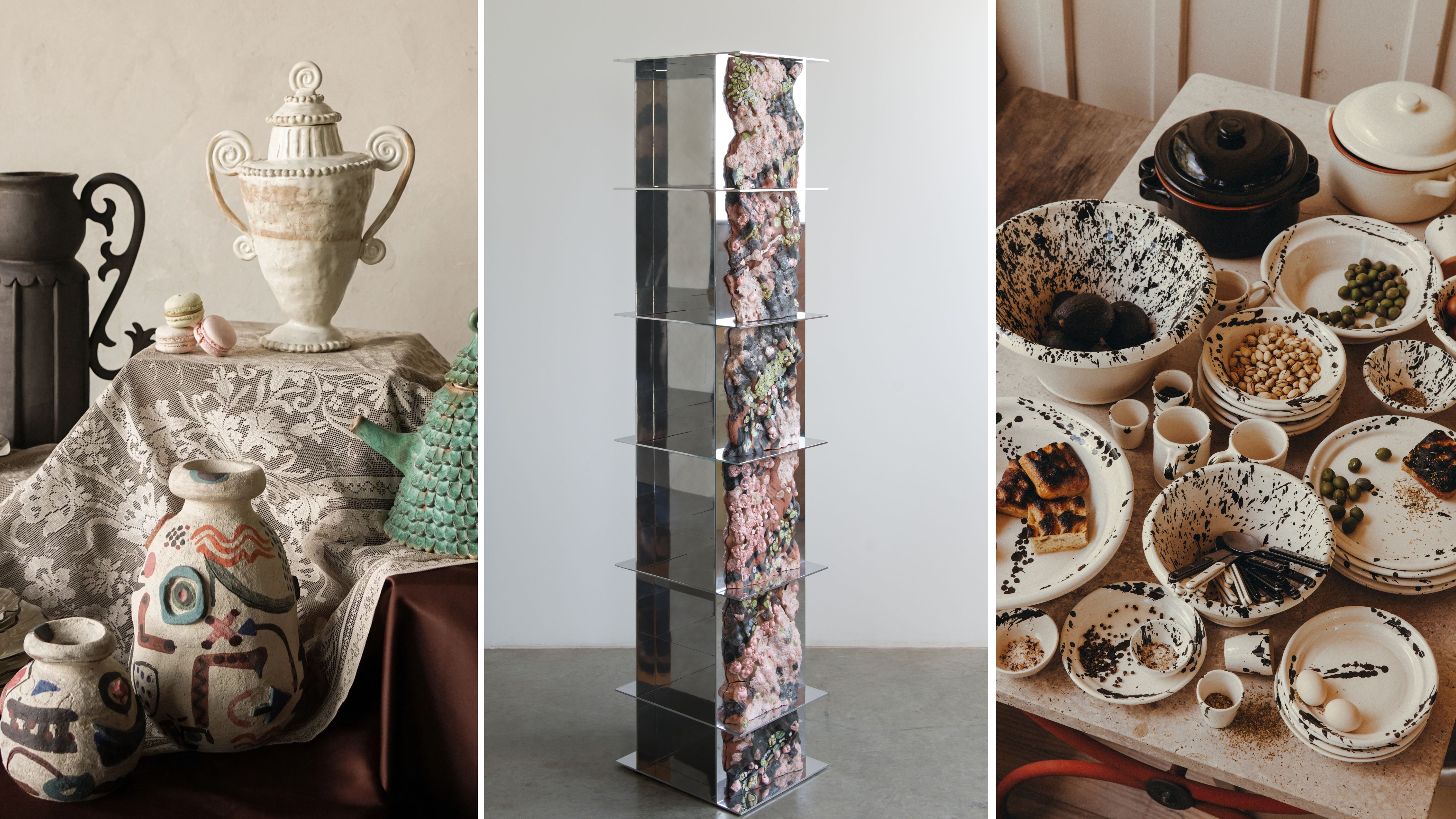 Ceramics by Sivim Ly clustered atop of a table shrouded in lace; Ceramic-and-aluminum FF Grid Shelving Unit by Simon John; Splatter paint tableware by Leanne Ford x il Buco Vita