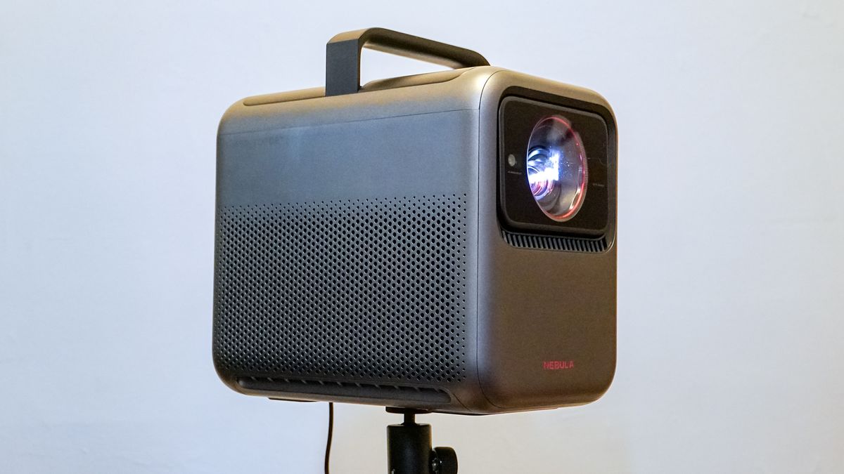 An Anker Nebula X1 laser projector on a stand