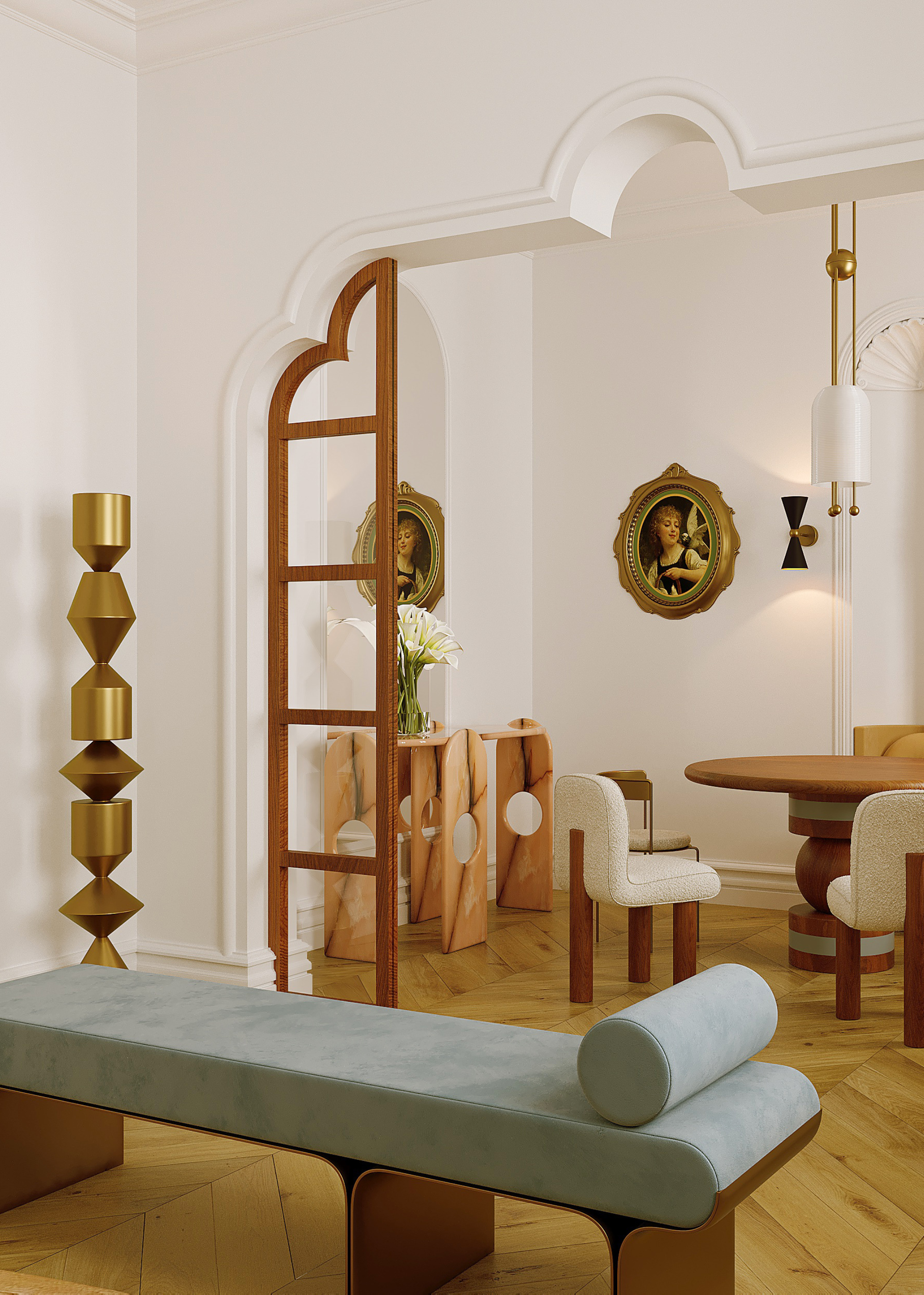 A white living room and dining room with wood seating, a brassy gold structured decor piece, pendant lighting and white and blue upholstery