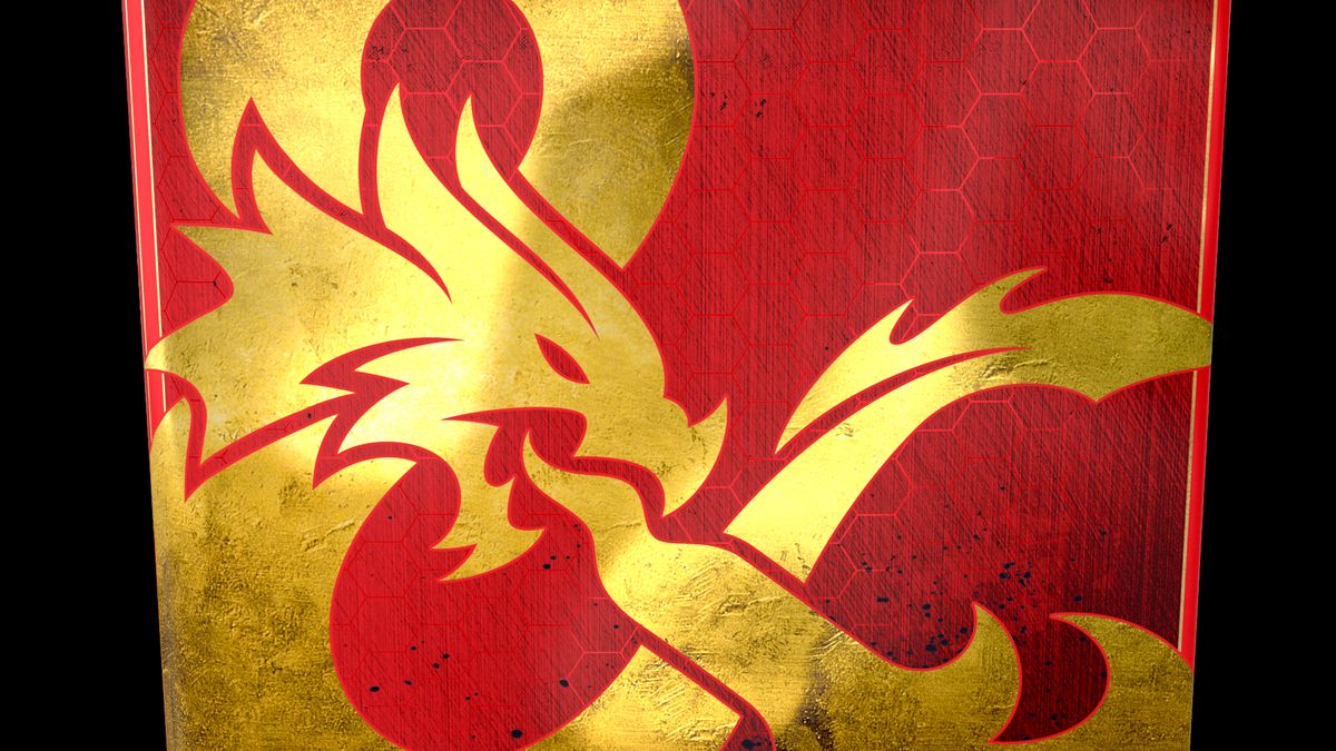 A golden dragon logo on a field of red