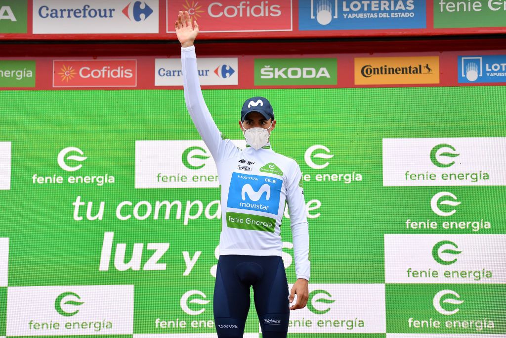 CIUDADRODRIGO SPAIN NOVEMBER 06 Podium Enric Mas Nicolau of Spain and Movistar Team White Best Young Rider Jersey Celebration during the 75th Tour of Spain 2020 Stage 16 a 162km stage from Salamanca to Ciudad Rodrigo lavuelta LaVuelta20 La Vuelta on November 06 2020 in Ciudad Rodrigo Spain Photo by Justin SetterfieldGetty Images