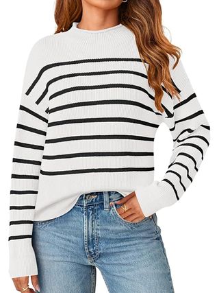 MEROKEETY, Merokeety Women's Fall Long Sleeve Striped Pullover Sweaters 2024 Trendy Turtleneck Casual Knit Tops, White, Medium