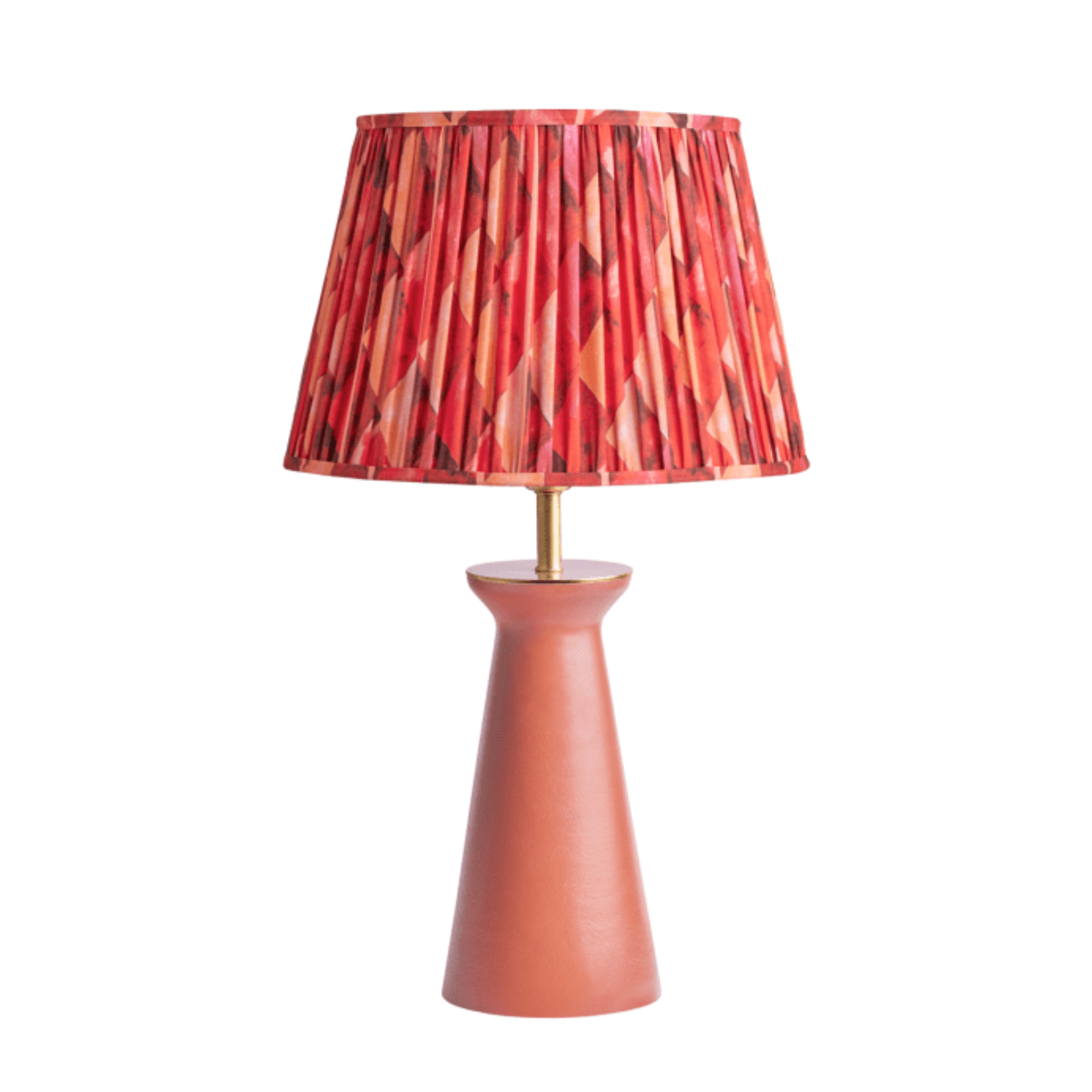 red table lamp with a patterned red shade