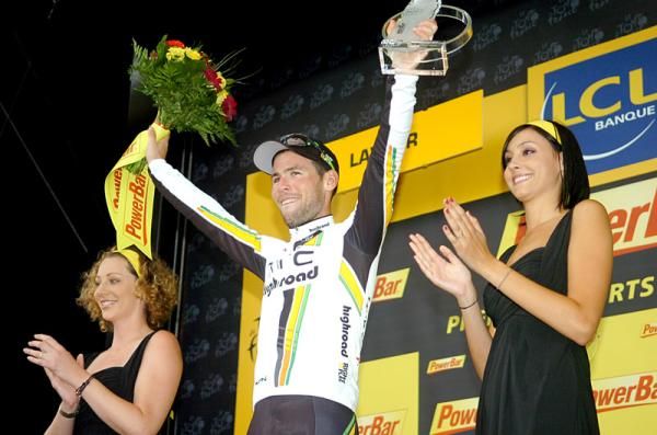 Mark Cavendish (HTC-Highroad) celebrates his 18th Tour de France stage win.