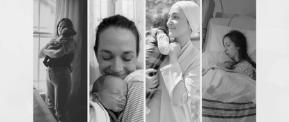 Black-and-white three-panel collage of mothers holding and cuddling their babies.
