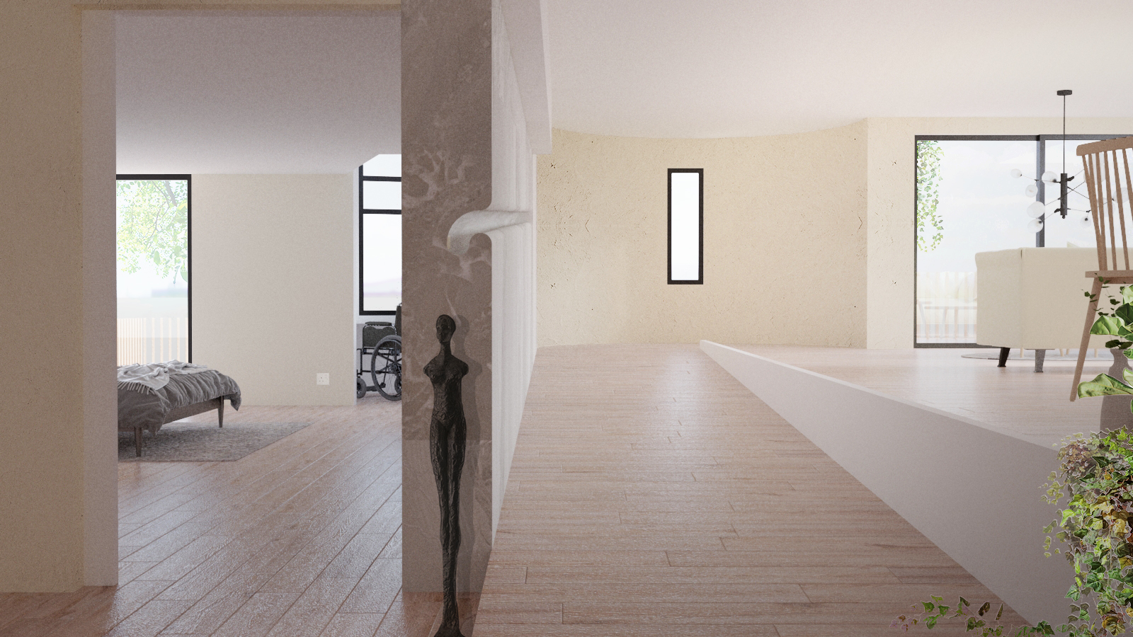 Interior rendering of house designed for wheelchair user by Shaina Yang