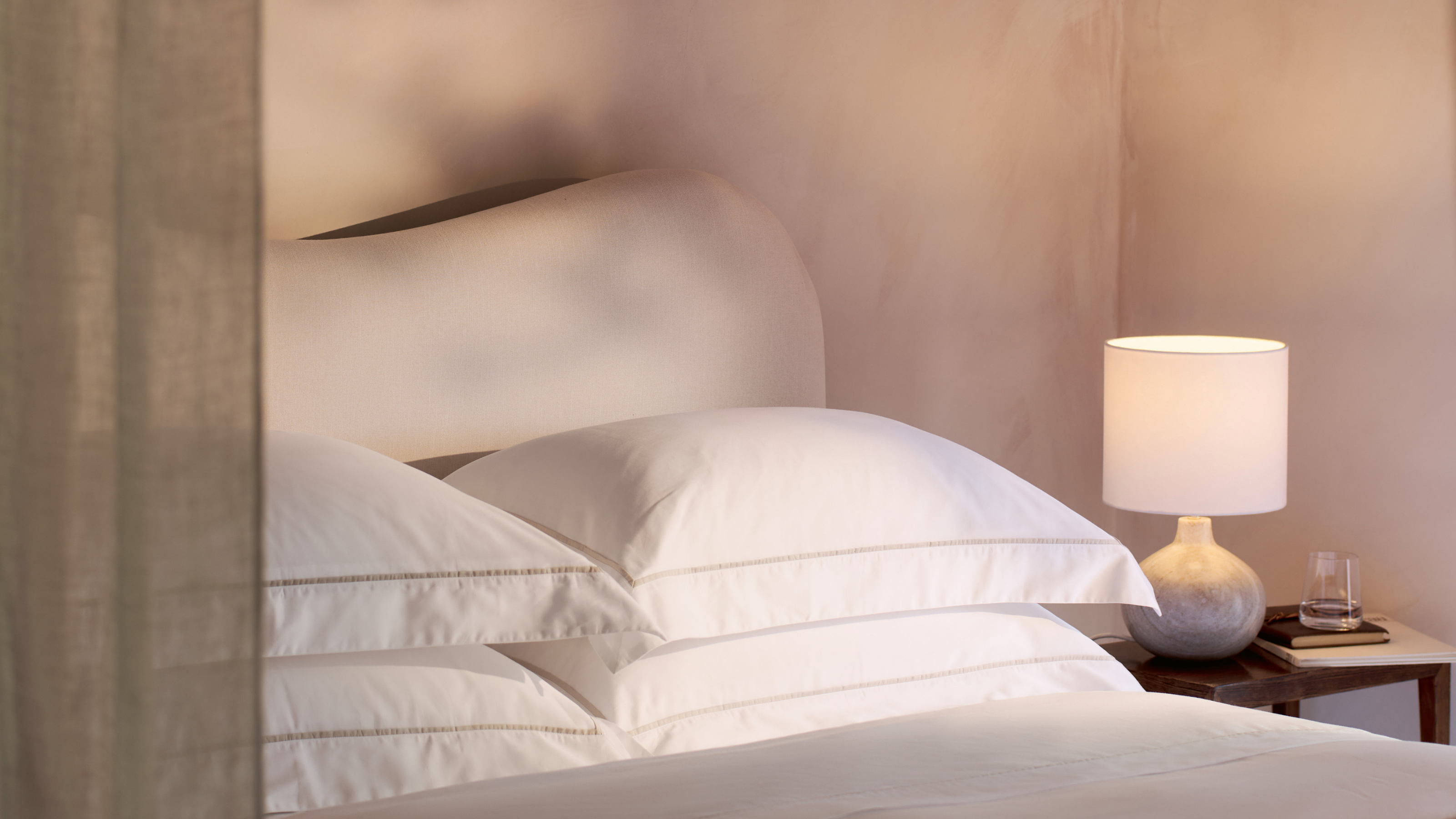 Marlow Marble Table Lamp in white and cream bedroom.