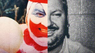 John Wayne Gacy in clown makeup and out of clown makeup in the poster art for Conversations with a Killer: The John Wayne Gacy Tapes