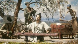 The protagonist of Black Myth: Zhong Kui playing music accompanied by a trio of skeletons.
