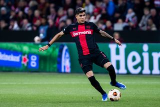 Piero Hincapie of Leverkusen runs with the ball during the UEFA Europa League 2023/24 match between Bayer 04 Leverkusen and Qarabag FK at BayArena on October 26, 2023 in Leverkusen, Germany. (Photo by Mika Volkmann/Getty Images)