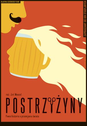 Top left is a drawing of a man's face with a black moustache blowing air into beer jug that looks like a face with long blonde hair. captured against orange background