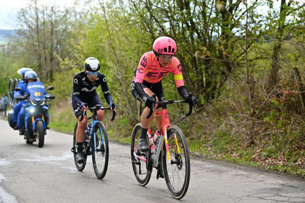 LIEGE BELGIUM APRIL 24 LR Sara Martin of Spain and Movistar Team and Kim Cadzow of New Zealand and Team EF EducationCannondale compete in the chase group during the 8th Liege Bastogne Liege Femmes 2024 a 1529km one day race from Bastogne to Liege UCIWWT on April 24 2024 in Liege Belgium Photo by Luc ClaessenGetty Images