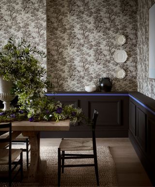 Floral wallpaper in dining room with traditional furniture