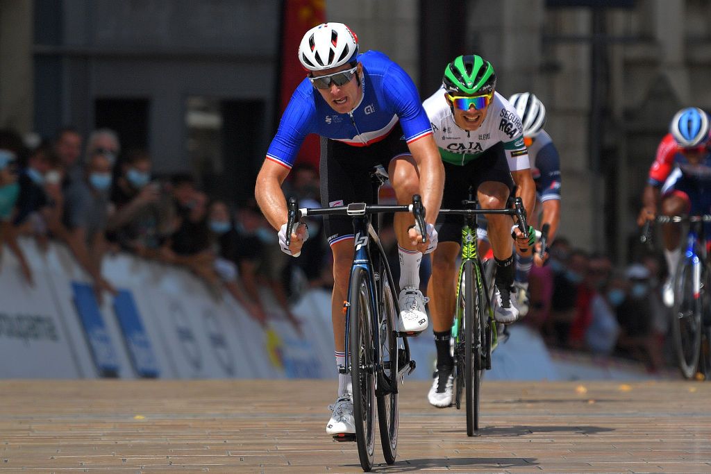 AUCH FRANCE JUNE 11 Arnaud Demare of France and Team Groupama FDJ Orluis Aular Sanabria of Venezuela and Team Caja RuralSeguros RGA sprint at arrival during the 45th La Route dOccitanie La Depeche Du Midi 2021 Stage 2 a 1987km stage from VillefranchedeRouergue to Auch 174m RDO2021 RouteOccitanie on June 11 2021 in Auch France Photo by Luc ClaessenGetty Images