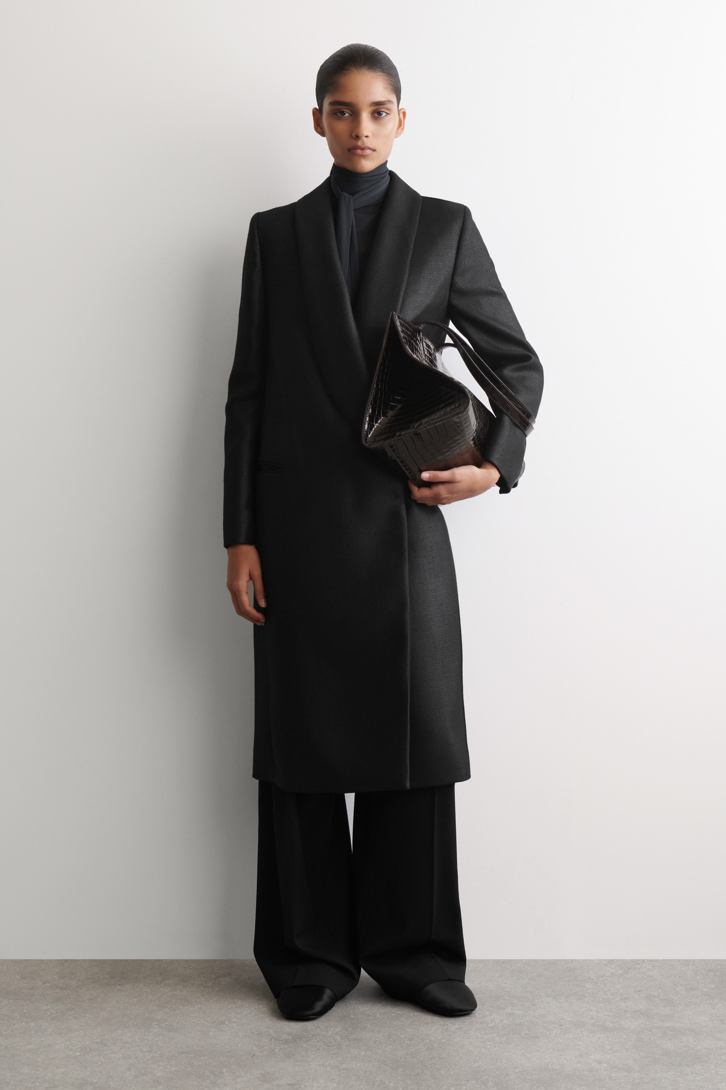 Tailored Metalized Wool-Blend Long Coat