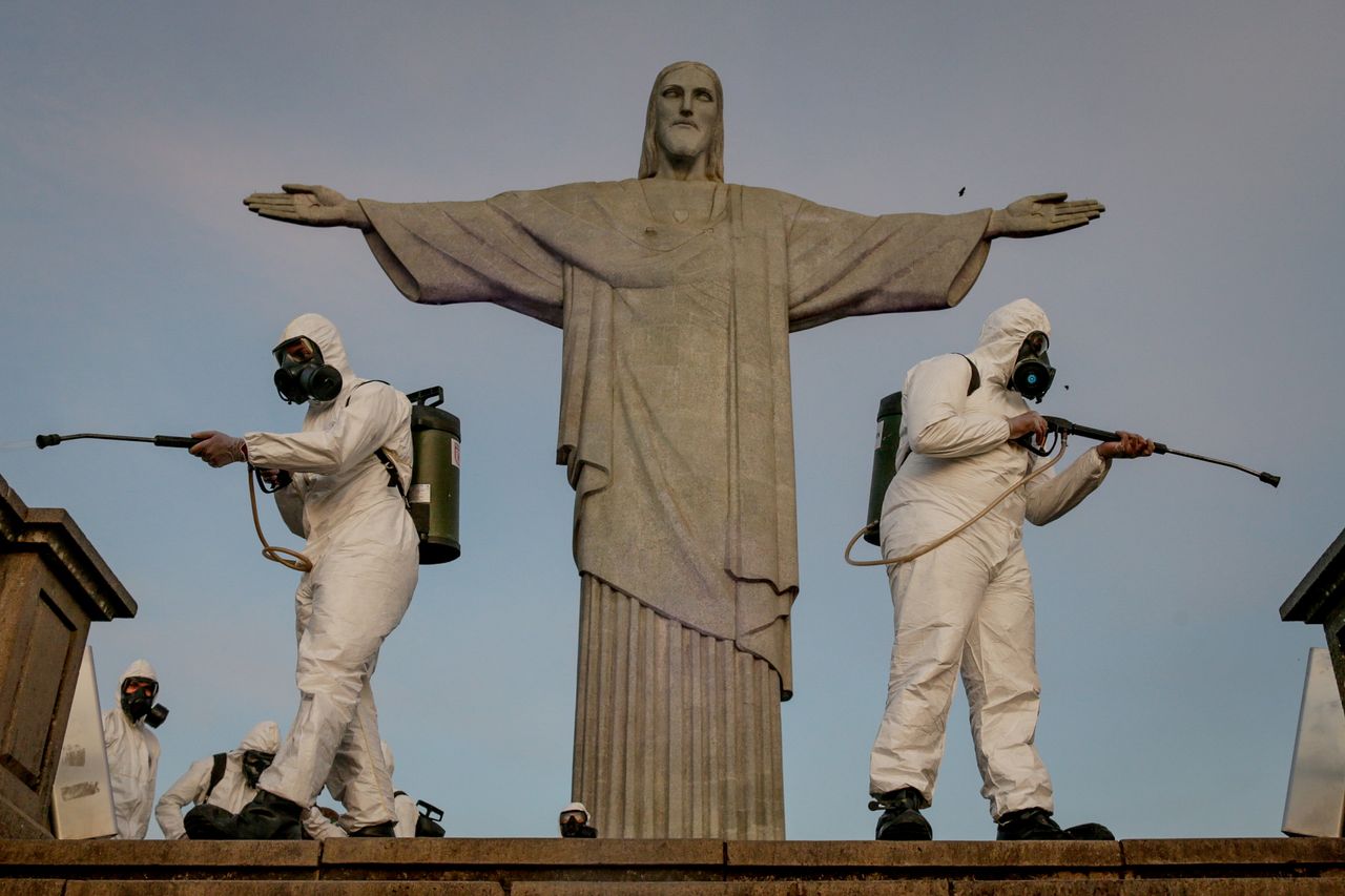 Members of Brazils military disinfect the Christ the Redeemer statue.