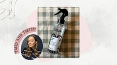 beauty writer annie milroy pictured with curled hair and a stripy jumper necxt to a bottle of L'Oreal Pli on a gingham backdrop