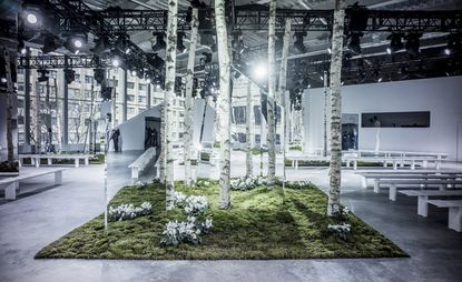 Fashion building with white trees on a patch of grass in the middle of the room