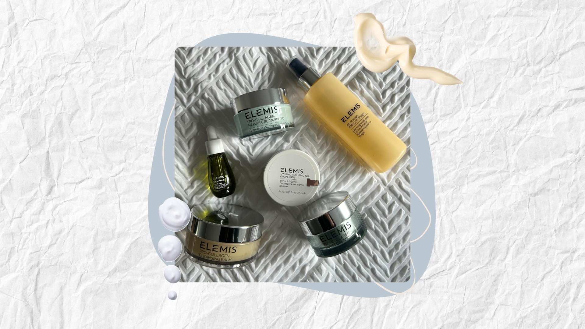 Image of Elemis skincare products on a white textured background with blue and pink graphics and cream swatches