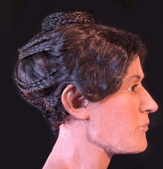 A side view of the hairstyle, the wig, based on the information obtained from the CT scans, was designed by Victoria Lywood.