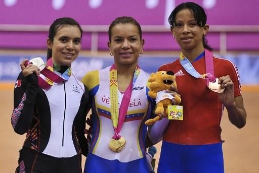 Women's omnium podium (l-r): Sofia Arreola (Mexico), Angie Sabrina Gonzalez (Venezuela), Marlies Mejias (Cuba)