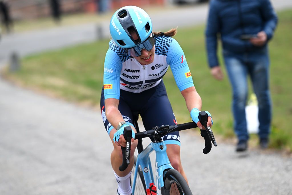CITTIGLIO ITALY MARCH 19 Shirin Van Anrooij of The Netherlands and Team Trek Segafredo competes in the breakaway during the 24th Trofeo Alfredo BindaComune di Cittiglio 2023 Womens Elite a 139km one day race from Maccagno con Pino e Veddasca to Cittiglio UCIWWT on March 19 2023 in Cittiglio Italy Photo by Dario BelingheriGetty Images