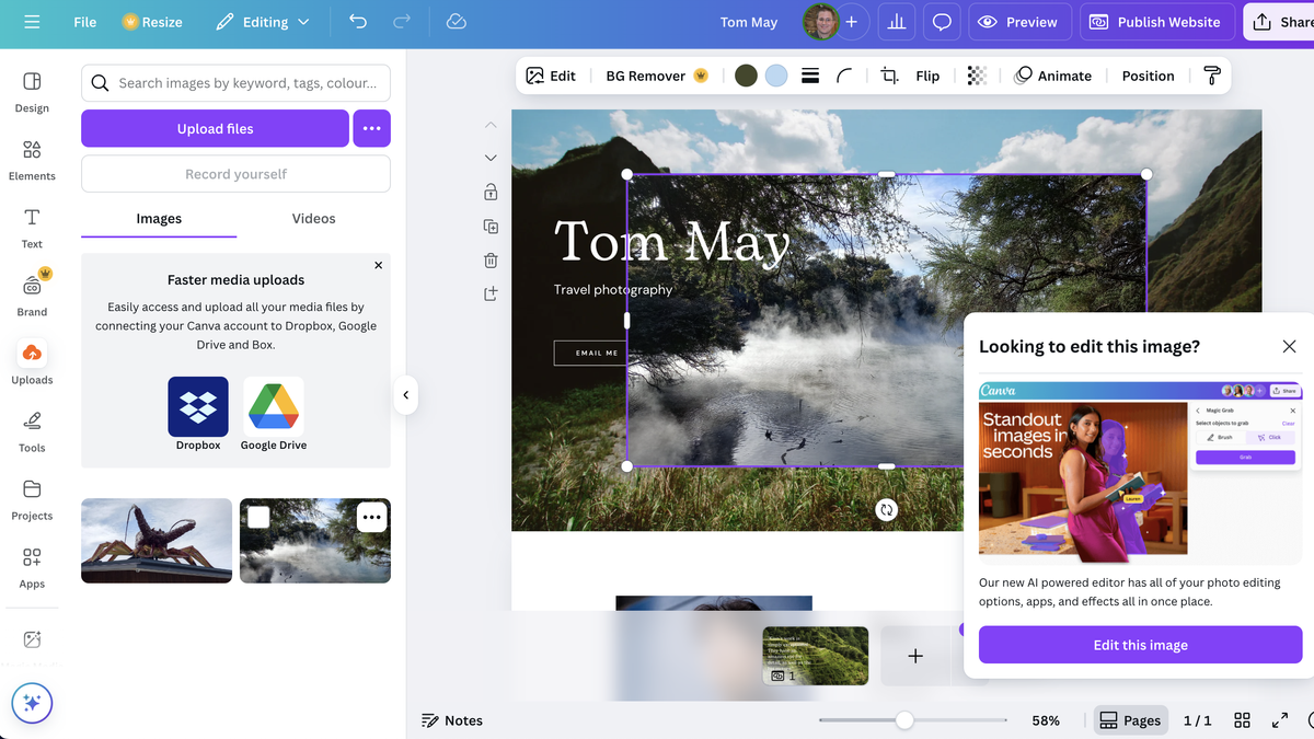 Website template being edited in Canva Websites